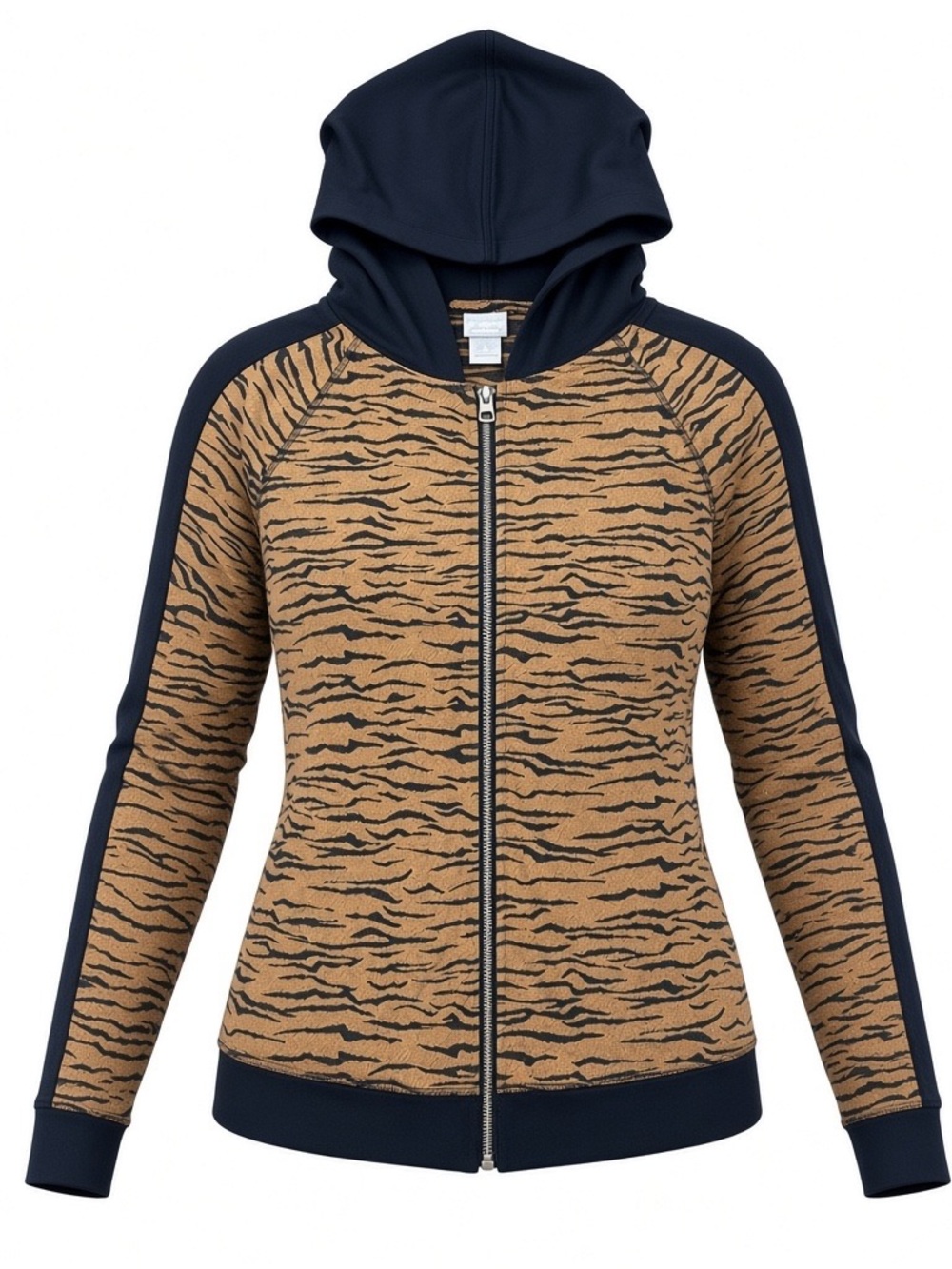 Chicos Zenergy Tiger Print Full Zip Jacket Hood Brown Black Size 1 M 8/10 Active